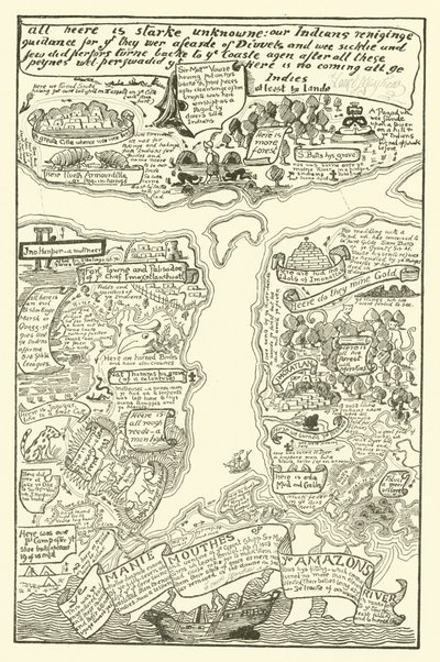 Karta över den grumliga Amazonas i rött + svart (gravyr) av Joseph Rudyard (after) Kipling