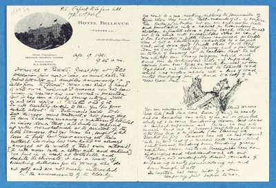 Autografbrev till överste H. W. Feilden, Hotel Bellvue Cannes, 9 april av Joseph Rudyard Kipling
