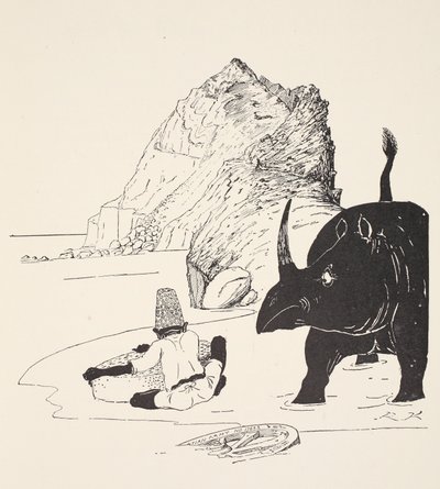 Parsee börjar äta sin kaka på den obebodda ön, illustration från "Just So Stories for Little Children" av Rudyard Kipling, pub. London, 1951 av Joseph Rudyard Kipling