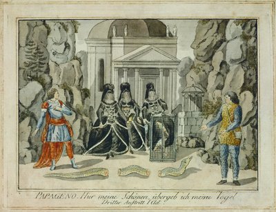 Tamino och Papageno med de tre damerna ... (gravyr) av Joseph Schaffer