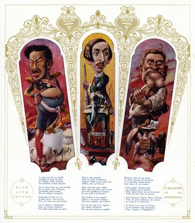 Karikatyrer: Meiji-kejsaren av Japan; Maurice Barres, fransk författare och nationalistisk politiker; Jean Jaures, fransk politiker (färg litho) av Joseph Sirat