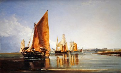En fullastad pråm under segel (olja på panel) av Joseph Stannard
