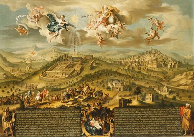 En vy över Betlehem med magiernas resa, treenigheten ovan och födseln i en målad kartusch nedanför, 1752 av Joseph Stephan
