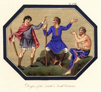 Anglosaxisk mansdräkt, 900- och 900-tal, 1853 (gravyr) av Joseph Strutt