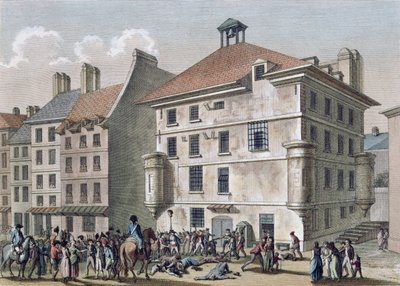 Septembermassakern: Massakern i Abbayefängelset nära St. Germain des Pres, 2-5 september 1792, graverad av Reinier Vinkeles (1741-1816) och Daniel Vrydag (1765-1822) (färgad gravyr av Joseph Swebach Desfontaines