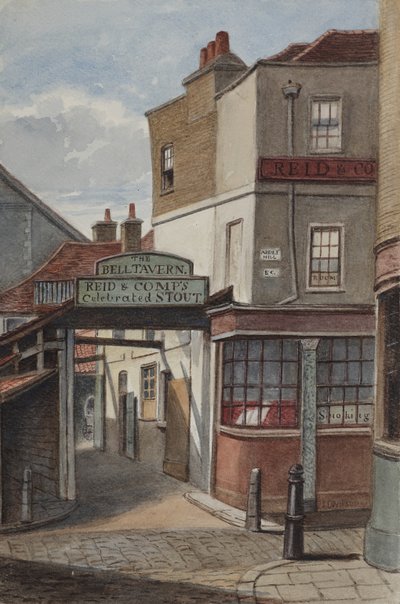 Utsikt över Bell Tavern, Addle Hill, med tecken för Reid och Companys hyllade stout, och en kantstolpe, 1868 (wc på papper) av Joseph Thomas Wilson