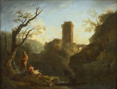 Franska: Ett landskap med ett träd och två män, ett torn i bakgrunden av Joseph Vernet