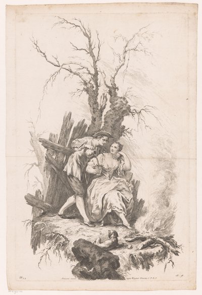 Man och kvinna med hund vid en eld Vinter Four Seasons (serietitel) av Joseph Wagner (possibly)