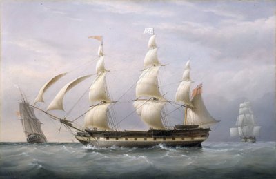 Ostindiska kompaniets fartyg "Britannia", sett från tre vinklar, har återvänt från Barbados. Olja på duk av Joseph Walter