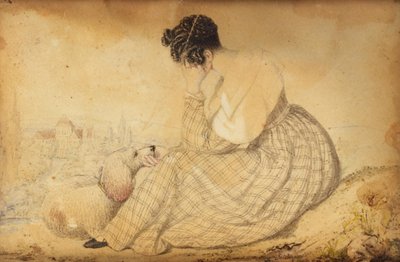 Pappersvikt med sörjande kvinna med hund och vy över Wien av Joseph Weidner