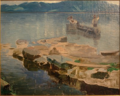 Rock tunga i Eibsee med fiskare av Joseph Wopfner