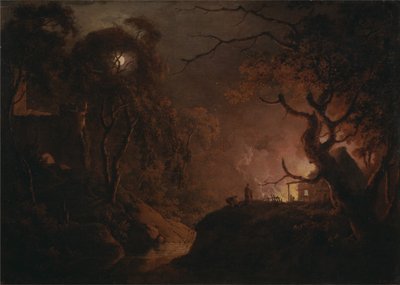 Stuga i brand på natten av Joseph Wright of Derby