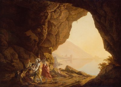 Grottan vid havet i kungariket Neapel med Banditti, solnedgång av Joseph Wright of Derby