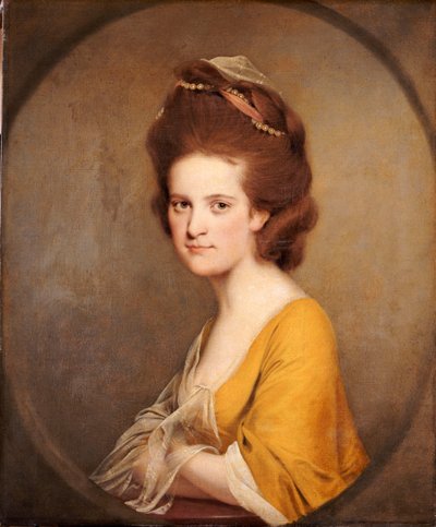 Porträtt av Dorothy Hodges, halvlängd, i en gul klänning av Joseph Wright of Derby