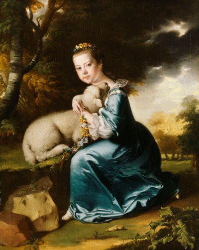 Porträtt av fröken Frances Warren, knästående i full längd i en trädbevuxen park, iklädd en blå klänning och håller ett lamm, av Joseph Wright of Derby