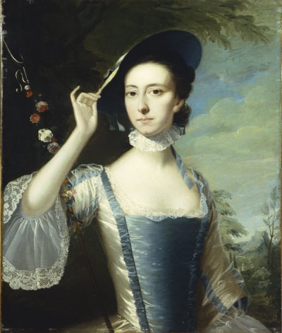 Porträtt av en dam vid en krans av blommor, i ett landskap av Joseph Wright of Derby