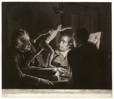 Tre personer som tittar på gladiatorn med levande ljus, graverad av William Pether, 1769 av Joseph Wright of Derby
