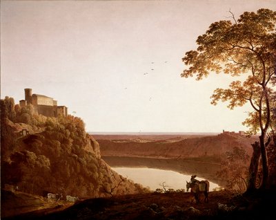 Utsikt över sjön Nemi i skymningen Målning av Joseph Wright dit Wright från Derby (1734-1797) av Joseph Wright of Derby