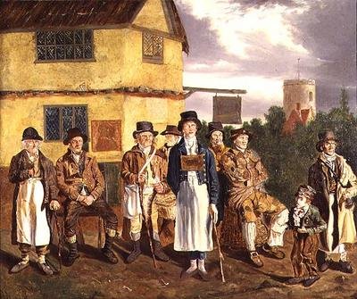 Norwich karaktärer, L. till R., Peter Thomas, C. Grimer, R. Gurney, R. Gallant, Blind Dan, John of Poringland, Joe Doe, Whistling Cuckoo Boy och Wyer av Joseph and Alfred Stannard
