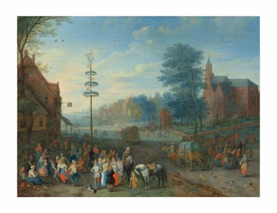 En by kermesse med figurer som dansar runt en majstång (olja på koppar) av Joseph van Bredael