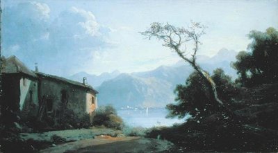 Lake Scene i Frankrike (olja på duk) av Josephine Bowes