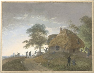 Slåss på ett värdshus med halmtak eller hus på en kulle av Josephus Augustus Knip