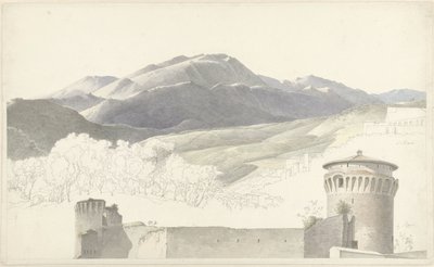 Landskap på Subiaco och byggnad i Rom av Josephus Augustus Knip