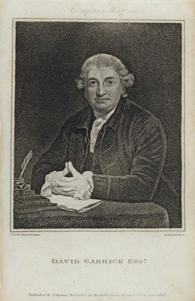 David Garrick, engelsk skådespelare, dramatiker och teaterchef (gravyr) av Joshua (after) Reynolds