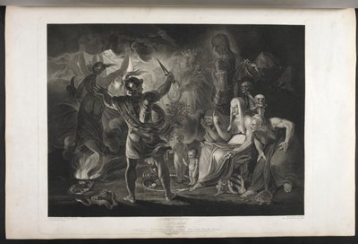 Macbeth.
Akt IV. Scen I.
En mörk grotta. I mitten en kittel som kokar. Tre häxor. Macbeth. Hekate.
Macbeth står inför häxorna och uppenbarelserna; vid hans fötter, inuti en slingrande orm, står ett litet blodigt barn och ett barn som bär en krona och hå av Joshua (after) Reynolds
