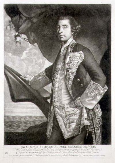 Porträtt av Sir George Brydges Rodney (1719-92) Amiral of the White, graverad av William Dickinson (1746-1823) pub. av Carington Bowles (fl.1744-93) (gravyr) av Joshua (after) Reynolds