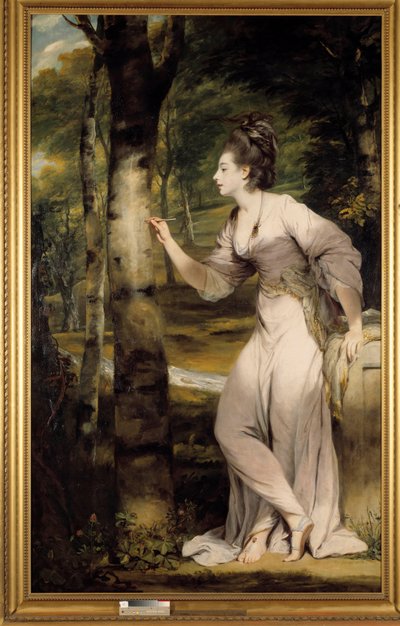 En kvinna med stor elegans ger ett namn på en trädstam i en romantisk atmosfär. Målning av Joshua Reynolds (1723-1792). 1700-talet. Collection privee - Fullängdsporträtt av Mrs Lloyd: En elegant kvinna täljer ett namn på en trädstam i en romantisk atmosfär av Joshua Reynolds