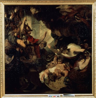 Spädbarnet Herkules stryper ormarna. Bland karaktärerna representerade: siaren Tiresias (vänster) och gudinnan Juno (Hera) med påfåglar (överst till höger). Målning av Sir Joshua Reynolds (1732-1792) av Joshua Reynolds