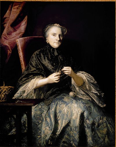 Porträtt av Anne, andra grevinnan av Albemarle som gör knutar (olja på duk av Joshua Reynolds