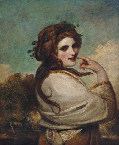 Porträtt av Emma, Lady Hamilton, som en Bacchante, halvlångt, i gul klänning och vit sjal, i ett landskap av Joshua Reynolds