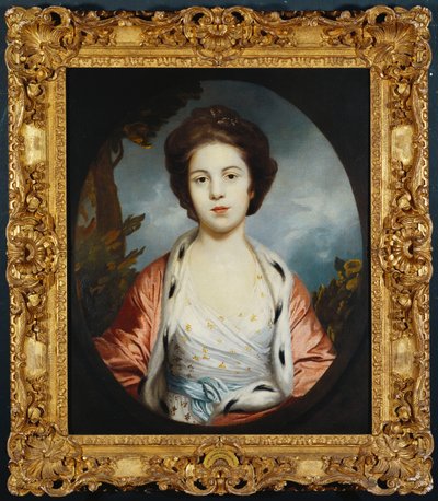 Porträtt av Esther, Lady Wray, iklädd en vit klänning, en guld- och rosa hermelinfodrad mantel, ett landskap bortom av Joshua Reynolds