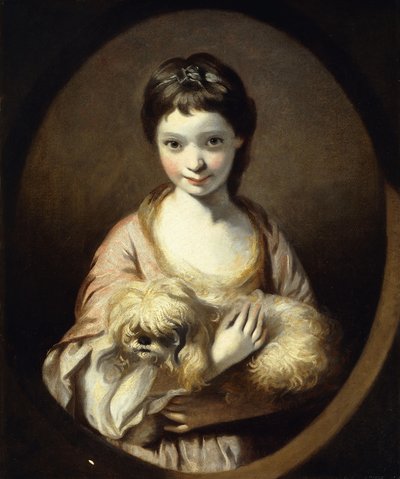 Porträtt av fröken Emilia Vansittart, halvlångt, iklädd en rosa och vit klänning som håller i en hund, ca 1767-68 av Joshua Reynolds