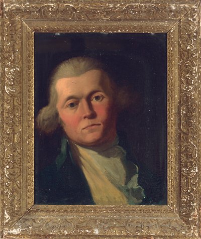 Porträtt av en herre, bystlång, i blå rock och gul väst av Joshua Reynolds