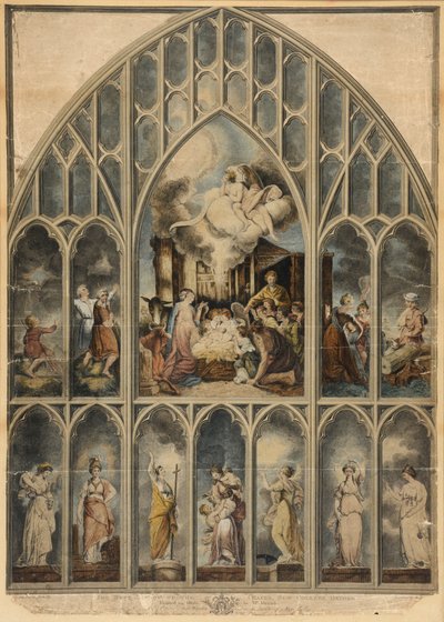 Reynoldsfönstret som visar de sju dygderna (handfärgad gravyr) av Joshua Reynolds