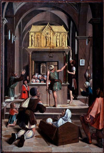 Life of St Sebastian: pilgrimer på St Sebastians grav - olja på trä av Josse (fl.1493 1508) Lieferinxe