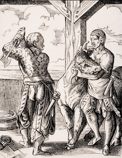 Slaktaren och hans assistent, reproduktion av en gravyr från 1500-talet av Jost Amman (1539-91) från 