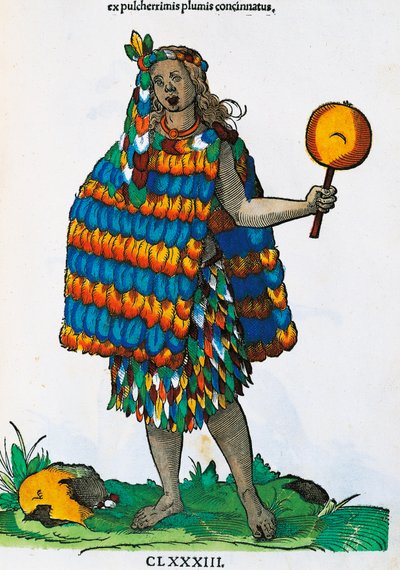 Amerikansk indian, gravyr av Hans Weigel Elder (aktiv 1549-1577) från målning av Jost Amman (1539-1591), från Habitus principiorum populorum både män och kvinnor avbildade med enastående konst, Nürnberg av Jost Amman