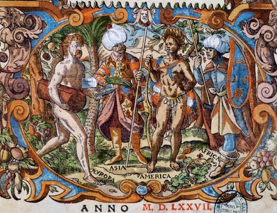 Fyra kontinenter, detalj från titelbladet, gravyr av Jost Amman (1539-1591) av Jost Amman