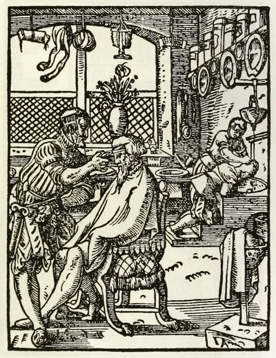 Barberarna från en serie som skildrar yrken och yrken publicerad först i Das Ständebuch 1568 i Frankfurt, Tyskland av Jost Amman