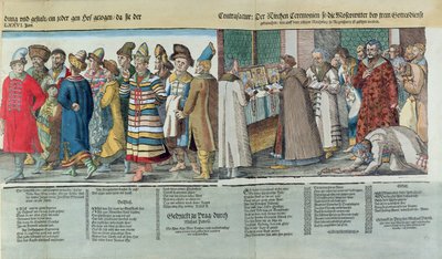 Rysslands Ivan IV:s (1530-84) stora ambassad till den heliga romerska kejsaren i Regensburg 1576 (färgat träsnitt) (detalj) av Jost Amman