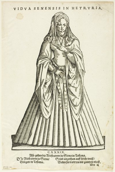 Vidua Senensis in Hetruria (Änkan från Siena i Toscana) från H. Weigels Trachtenbuch, plansch 51 från Woodcuts from Books of the XVI Century av Jost Amman