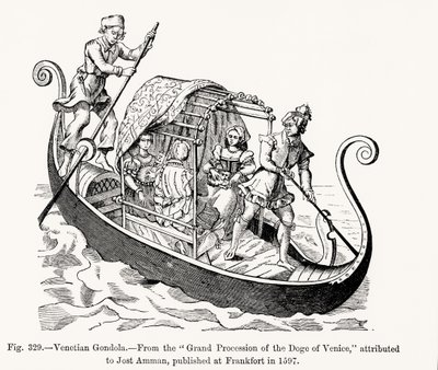 Venetiansk gondol, från Grand Procession of the Doge of Venice, illustration från vetenskap och litteratur under medeltiden och renässansen, skriven och graverad av Paul Lacroix, 1878 ( av Jost (after) Amman