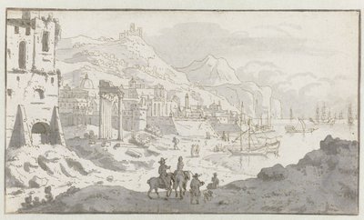 Vy över en imaginär italiensk hamn av Josua de Grave