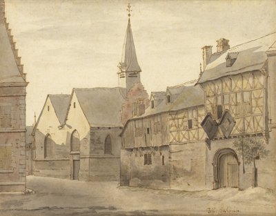 Vy över S:t Jacobs kyrka och värdshuset, Maastricht av Josua de Grave