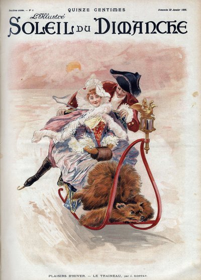 Vinternöje: släde. Ett elegant par i pulka och skridskoåkning glider över snön. Enligt J. Koppay. Gravyr i "" Le sun-du-dimanche"", 22 januari av Joszi Arpad Koppay