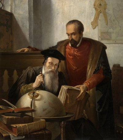 Mercator och Ortelius (olja på duk) av Jozef (1816 88) Bellemans